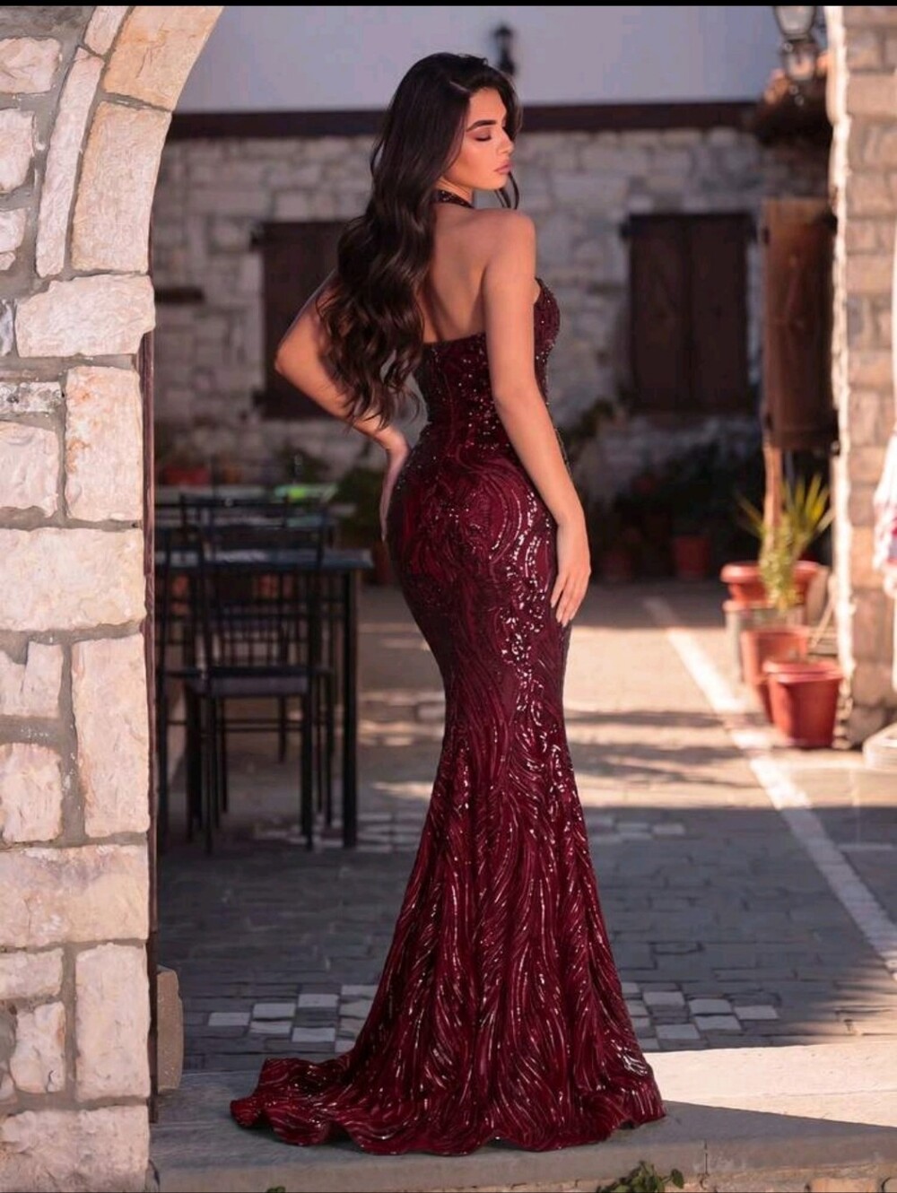 Sleeveless Burgundy Sequin Halter Prom Gown - Picture 4 of 16